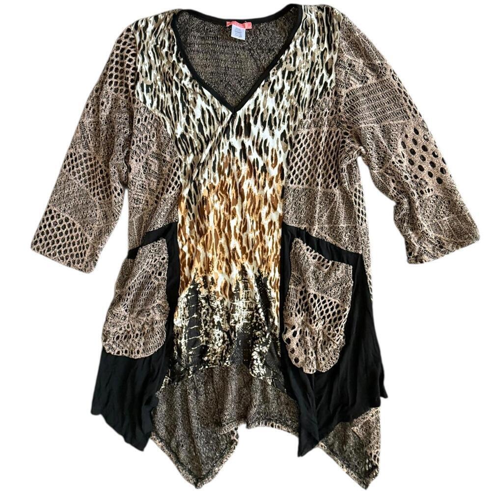 Simply Aster Mixed Animal Print Mesh Patchwork Cardigan Top M Boho Chic